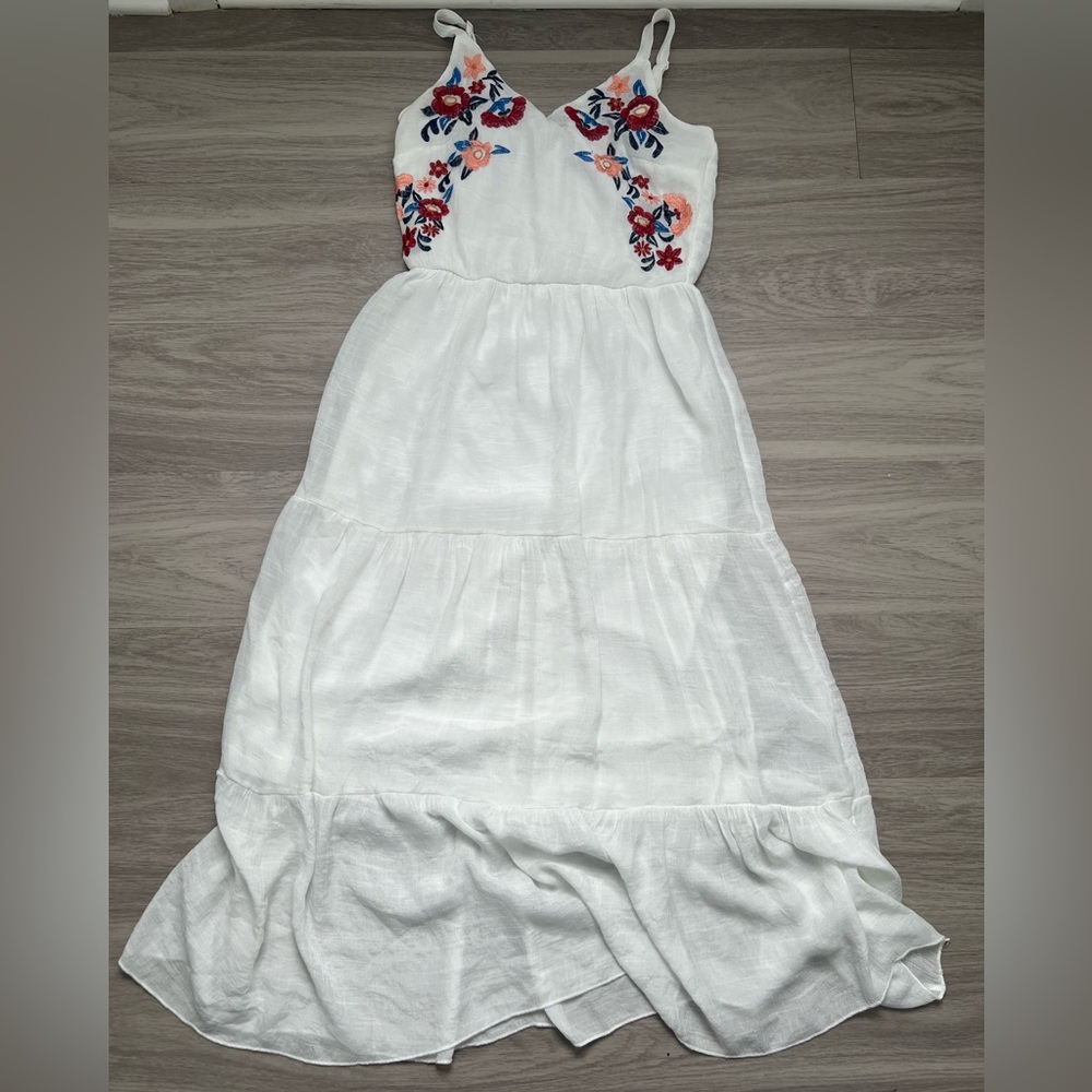 Kings Road White Embroidered Floral Boho Maxi Dress Gauze Tiered Lined Small